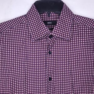 Hugo Boss Dress Shirt Mens 15 Geometric Red, Navy Slim Fit